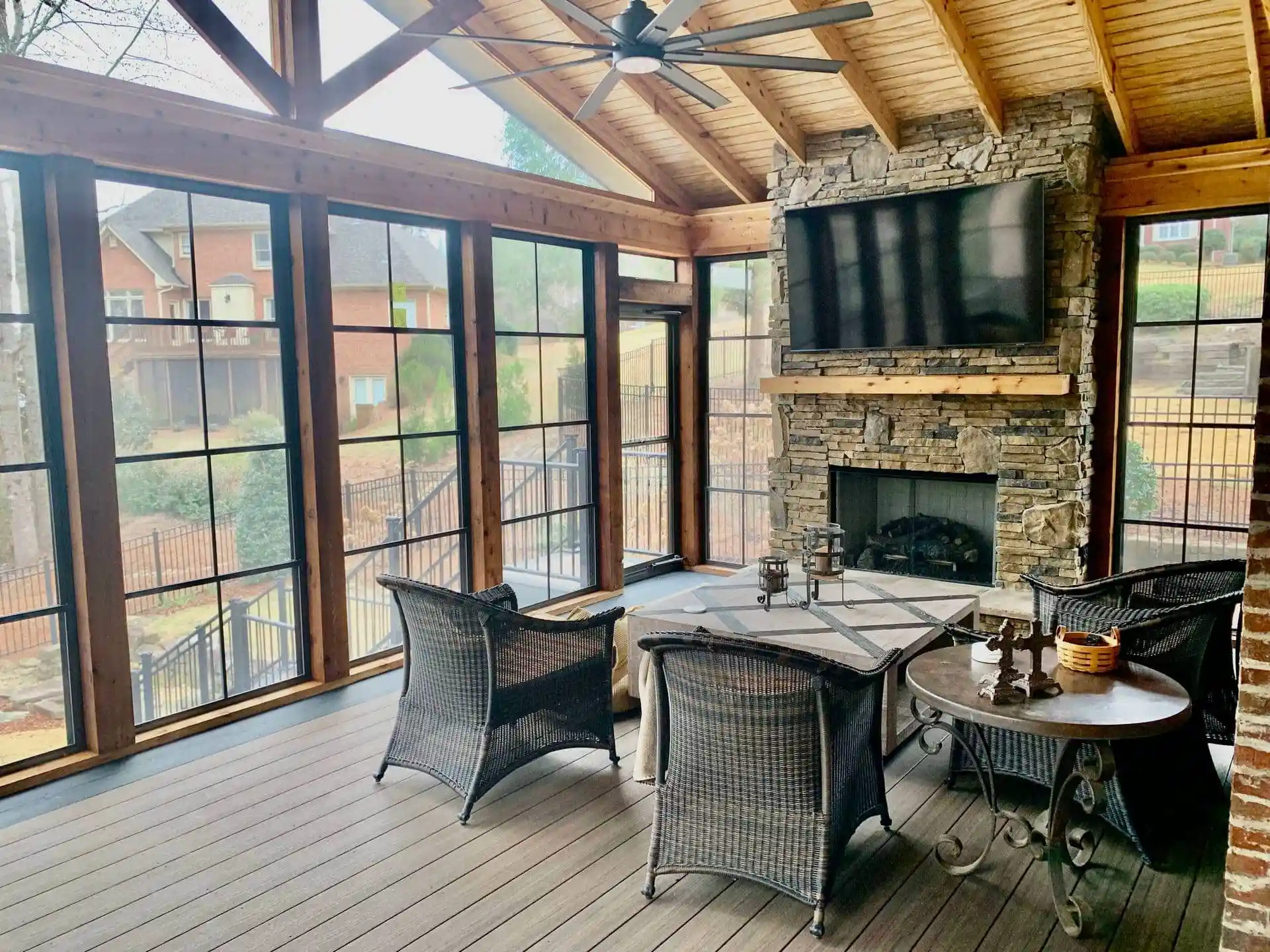Trex Composite Decking Eze Breeze Windows Stone Fireplace Screen Porch by Alabama Decks Exteriors Birmingham